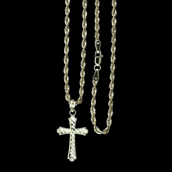10K Real Gold Rope Chain and Cross Pendant Set - Picture 1 of 9